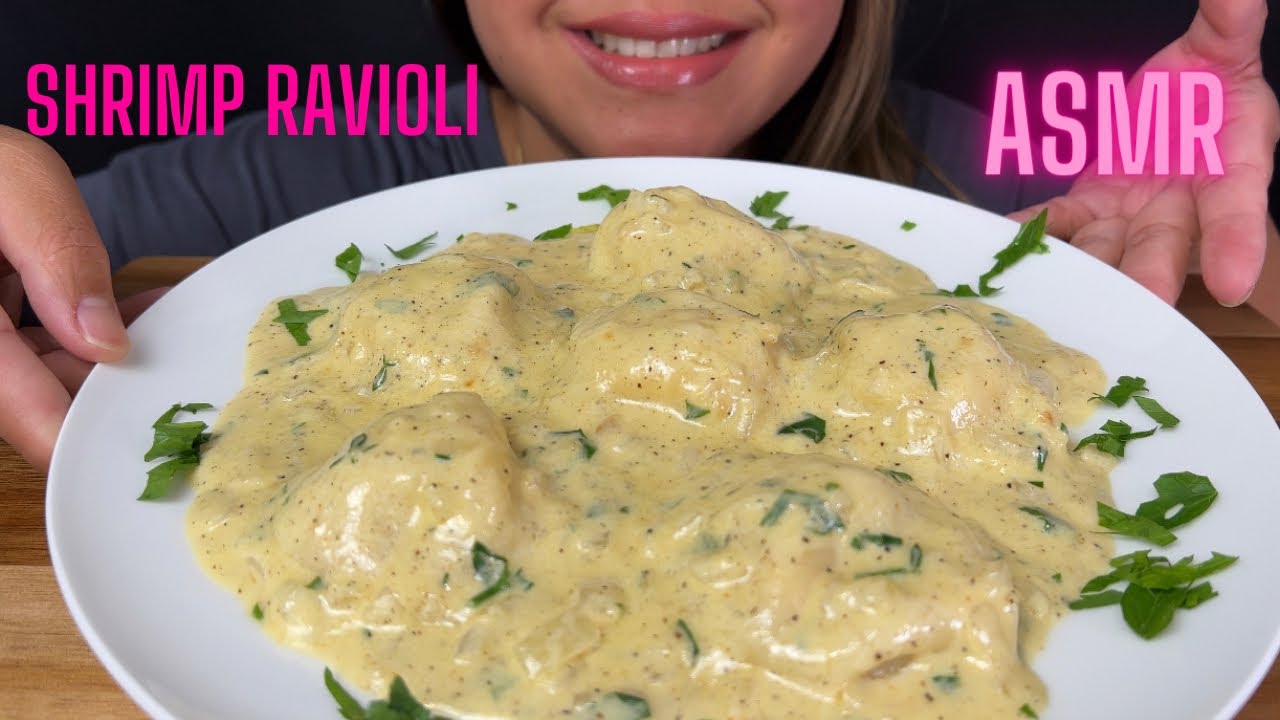 ASMR Creamy Garlic Shrimp Ravioli | Pasta Mukbang | No Talking