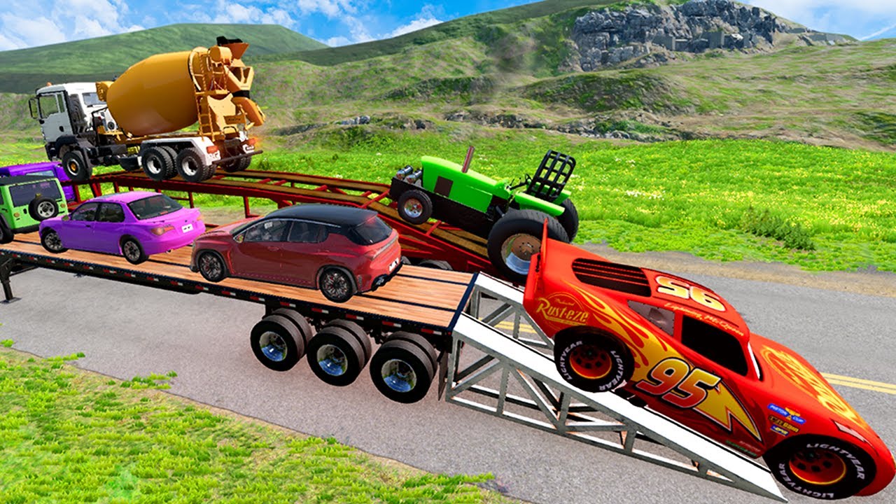 Quadruple Trucks Transporting cars with Flatbed Trailers | Cars vs Speedbump vs Train vs Pothole 001