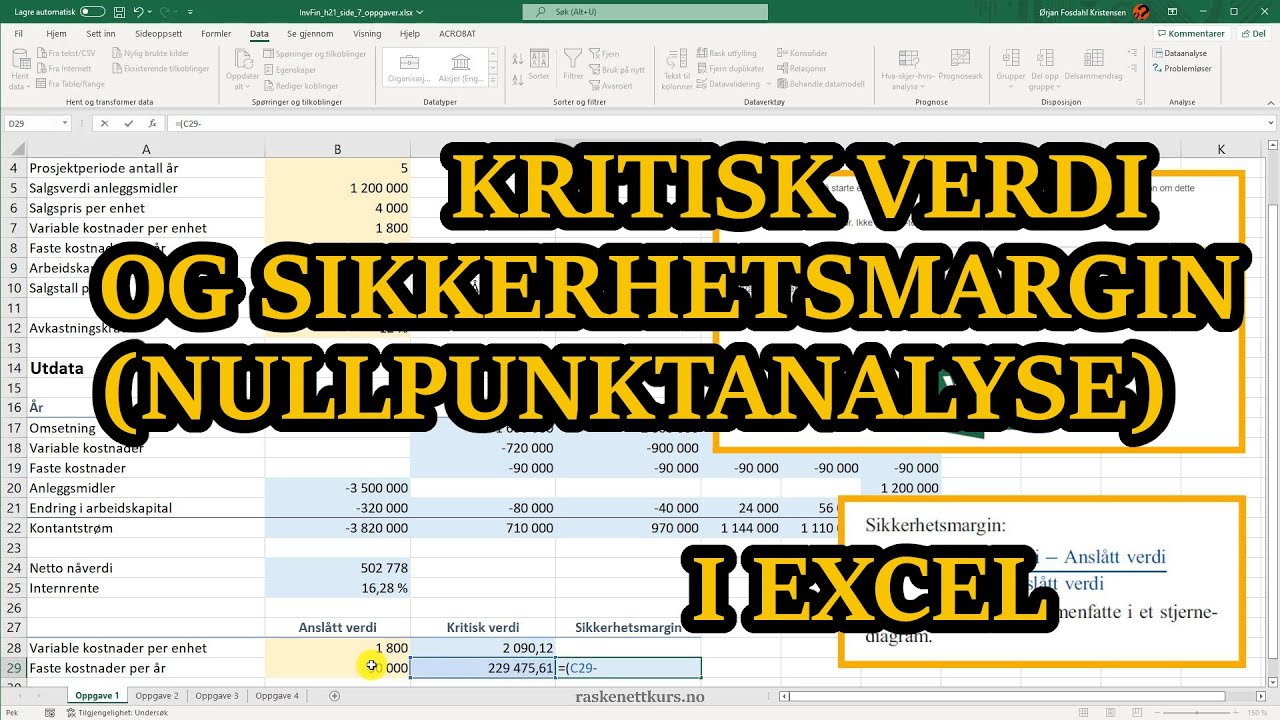 Eksempel: Kritisk verdi og sikkerhetsmargin (nullpunktanalyse) i Excel