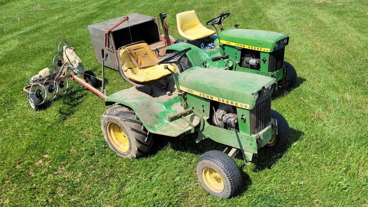 tall grass, picking up grass clipping with turf groom 136 sweeper, estate rake, and john deere 140s