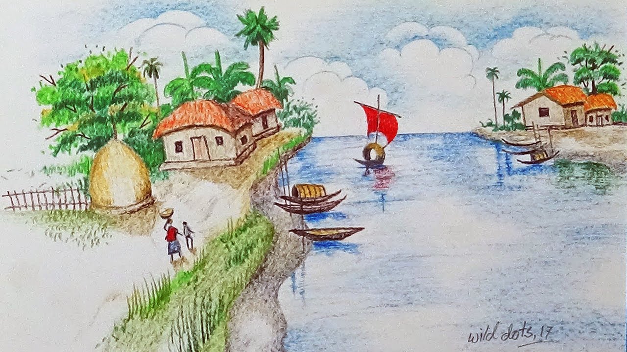 How To Draw A Village Scenery With Simple Colored Pencils For Kids |