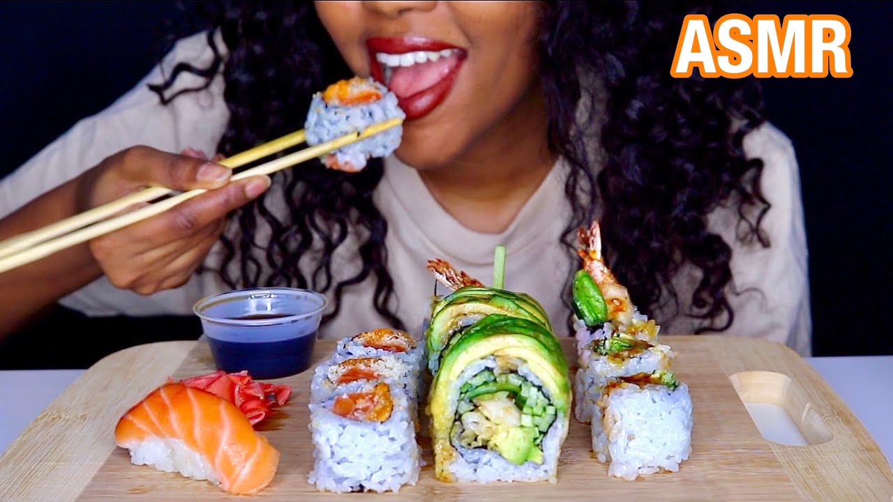 ASMR SUSHI 🍣 Salmon Nigiri, Dynamite + Green Dragon Rolls (No Talking) *EATING SOUNDS*