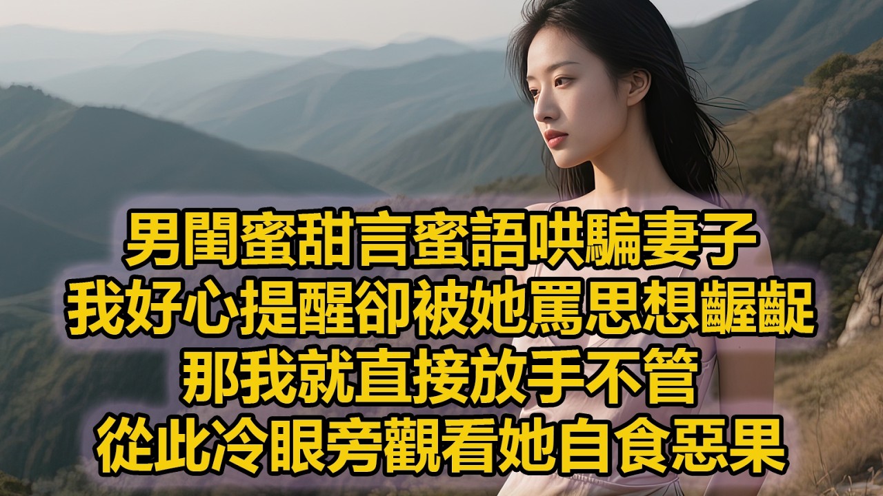 男閨蜜甜言蜜語哄騙妻子，我好心提醒卻被她罵思想齷齪，那我就直接放手不管，從此冷眼旁觀看她自食惡果