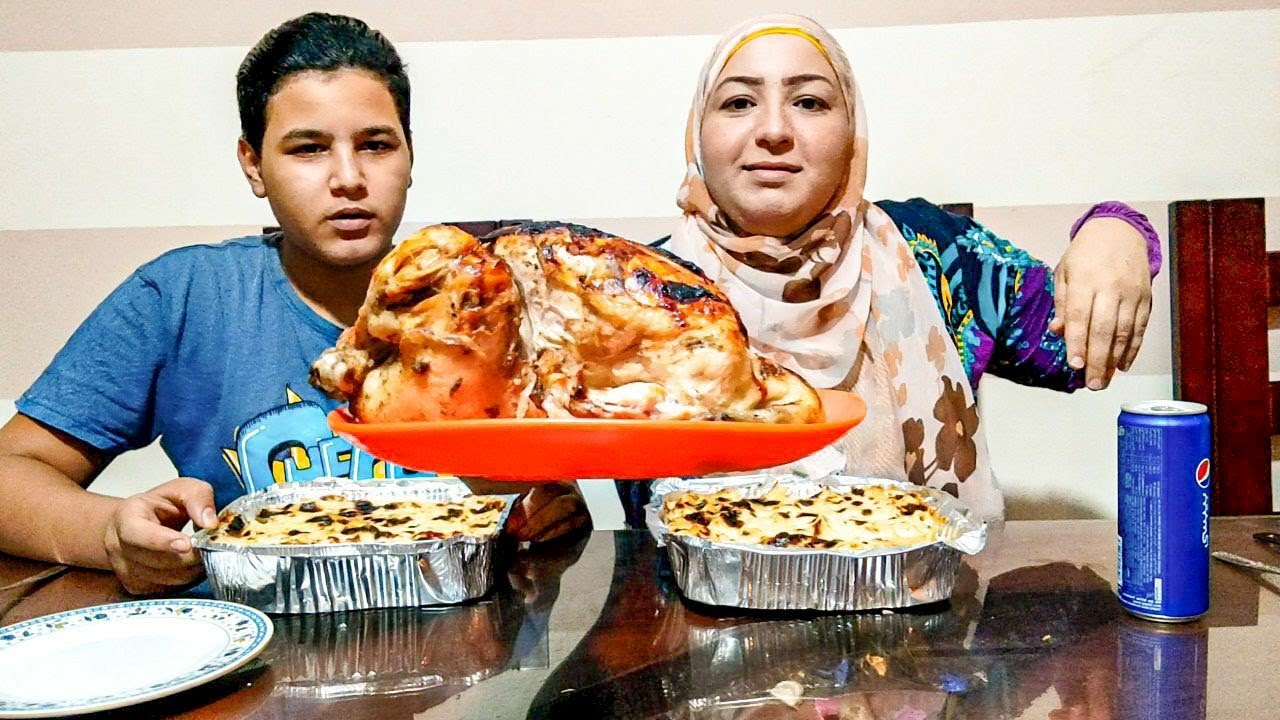 تحدى الدجاج المشوى مع صنيتين مكرونه بشامل والعقاب /صلح