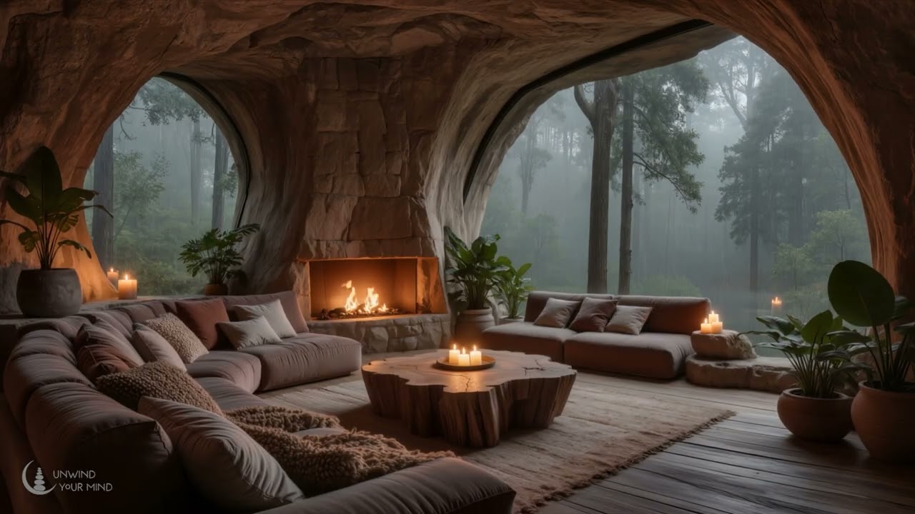 Calm Mountain House with Smooth Piano Jazz on a Rainy Day