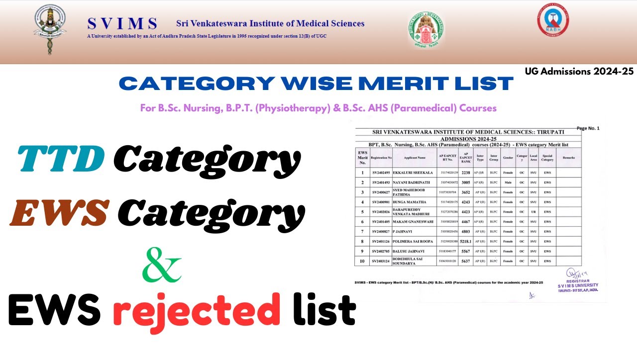 SVIMS Update category Wise Merit List / EWS Category/ TTD Category / EWS rejected list #ews #svims