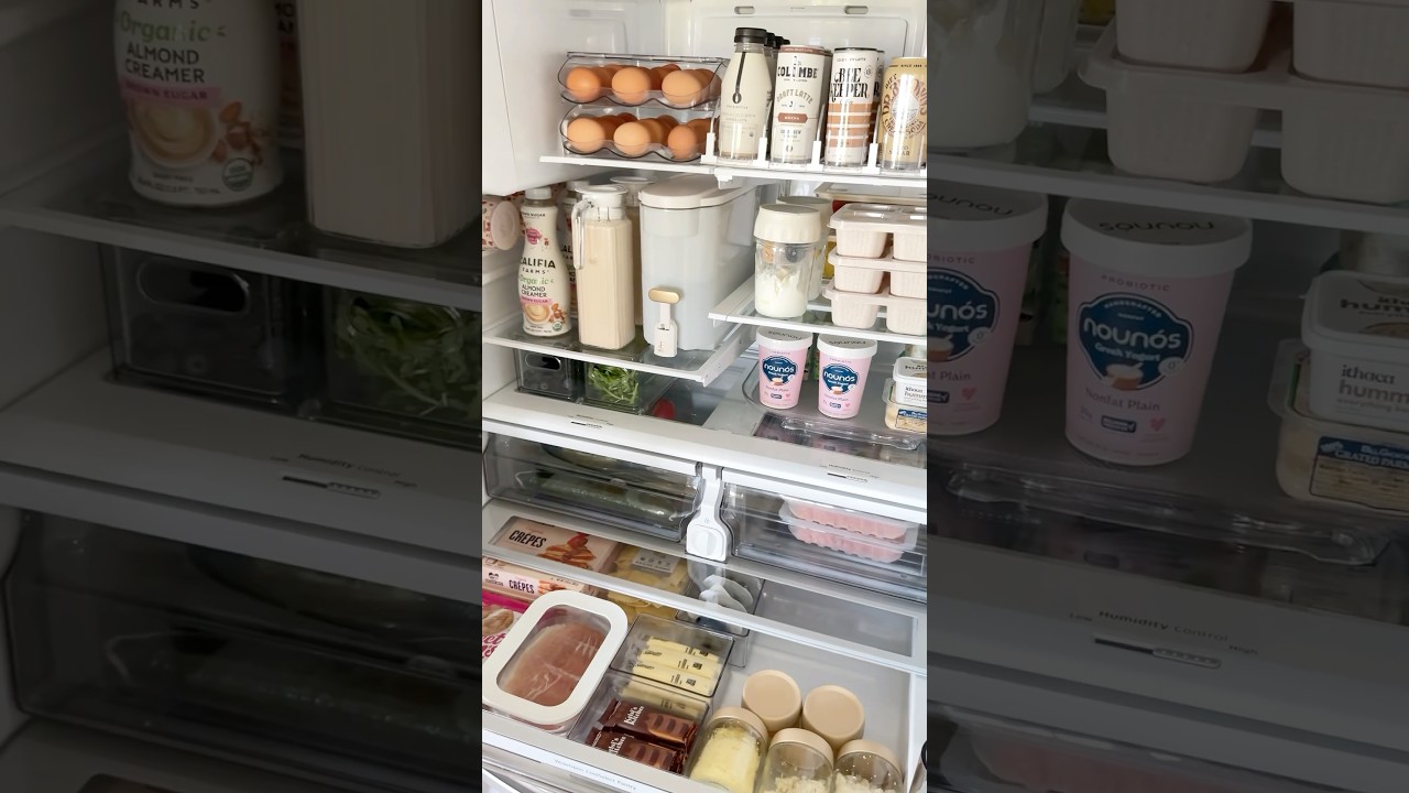 Organize & stock my fridge with me 🤍 #organized #fridge #fridgeorganization #amazonfinds #amazon