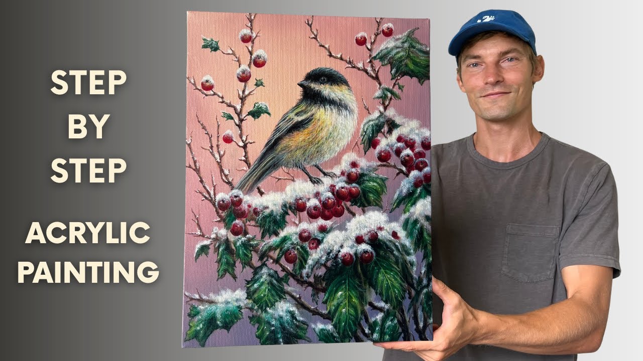 Winter Bird STEP by STEP Acrylic Painting Tutorial for Beginners