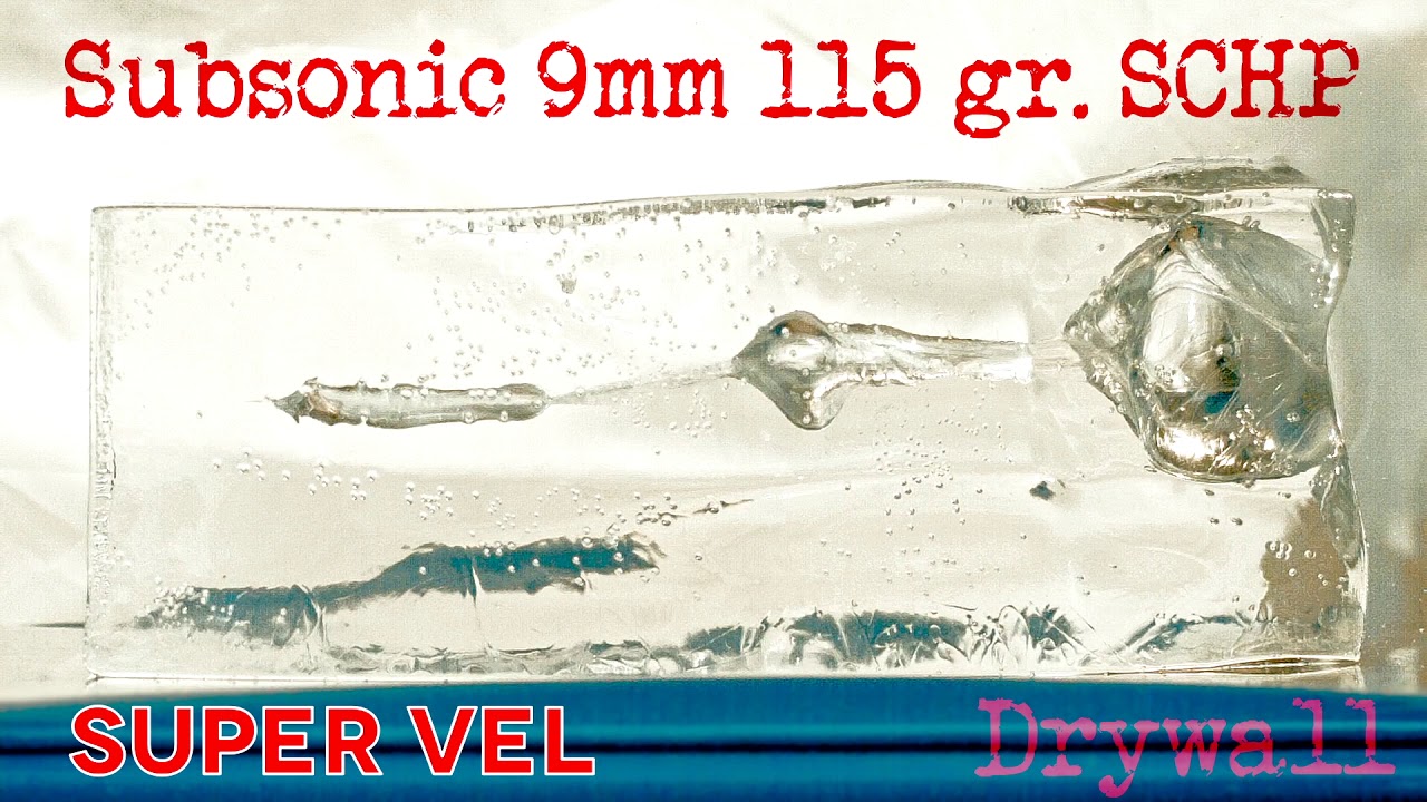 Super Vel Ammunition, Subsonic 9mm 115 gr SCHP Drywall Gel Test
