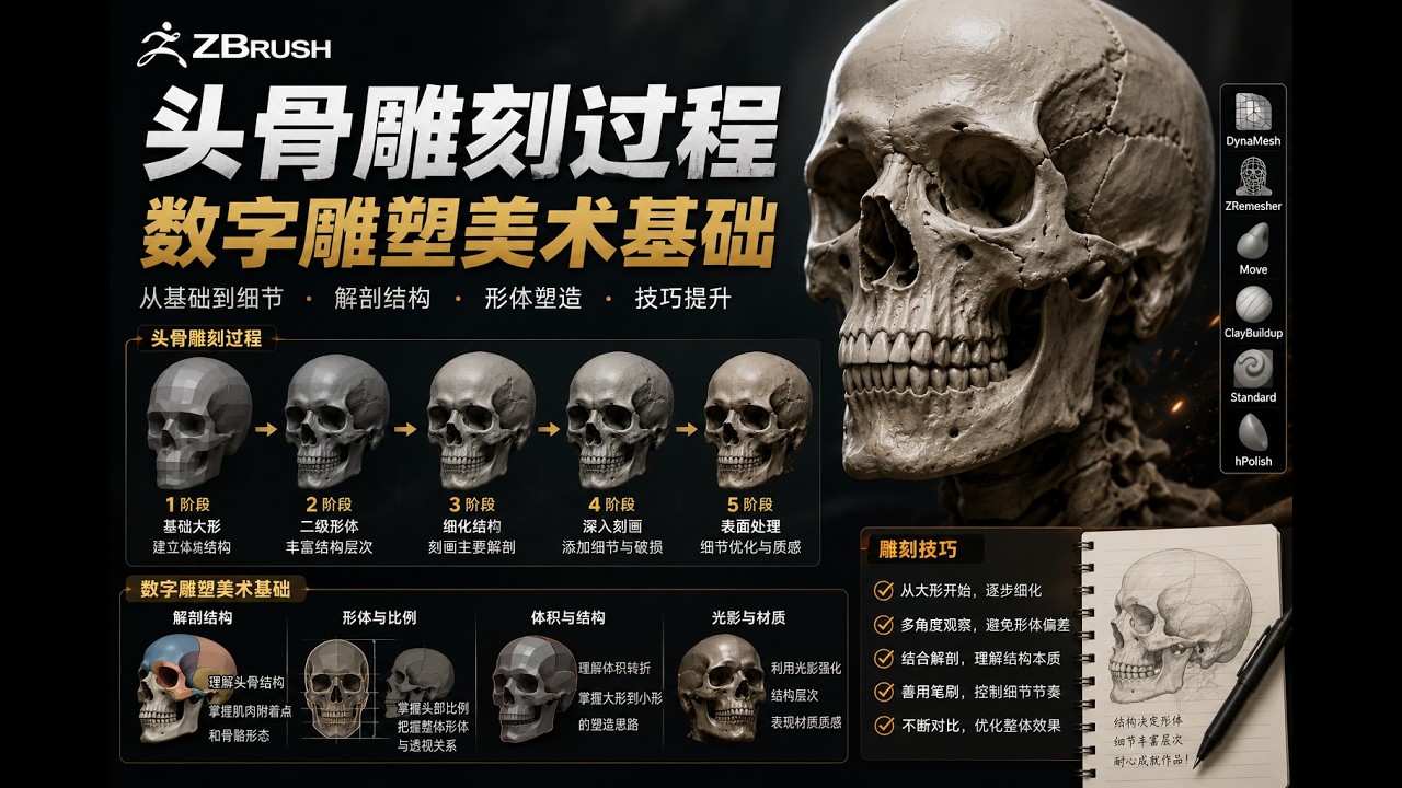 zbrush 头骨雕刻过程 、数字雕塑美术基础