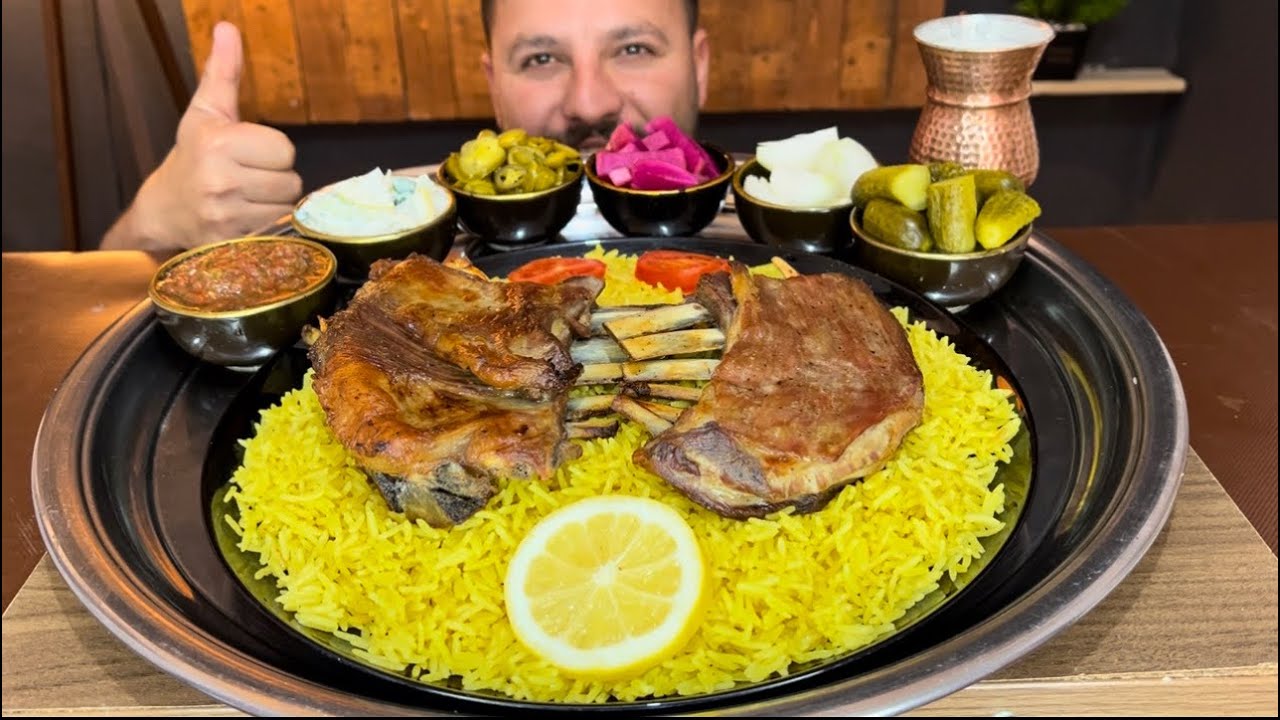 كبسة ضلوع الغنم مع المقبلات ولبن اكل عربي أصيل