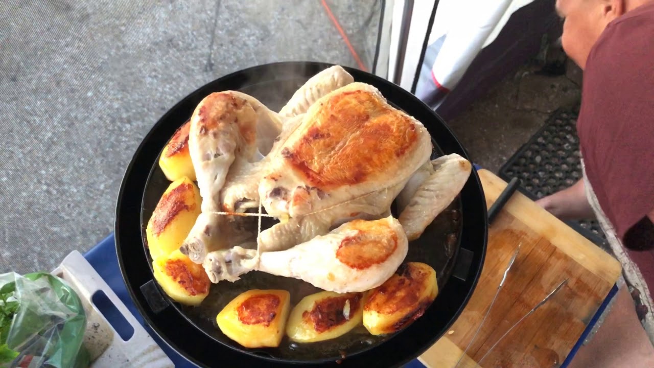 Roast Chicken and Roast Potatoes Cooked on the Cadac Safari Chef 2 with a Fresh Mango Salad.