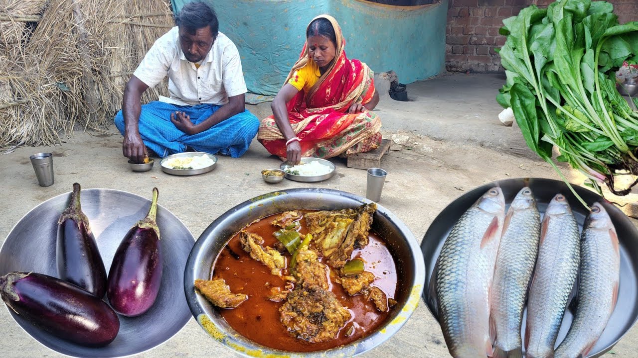 rohu FISH CURRY cooking with BRINJAL and spinach with cabbage fry by tribe grandma|rural poor life