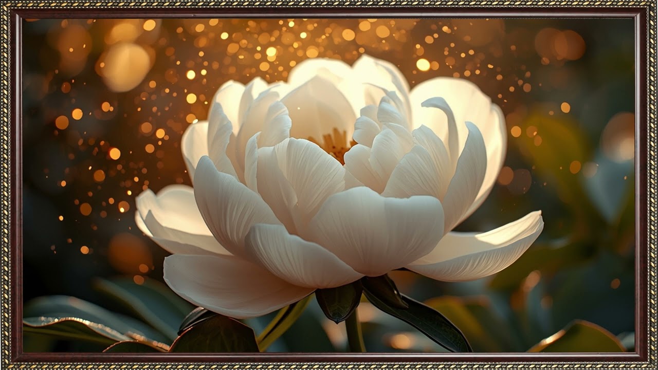 Ultra HD White Peony with Gold Sparkle | 8K TV Wallpaper
