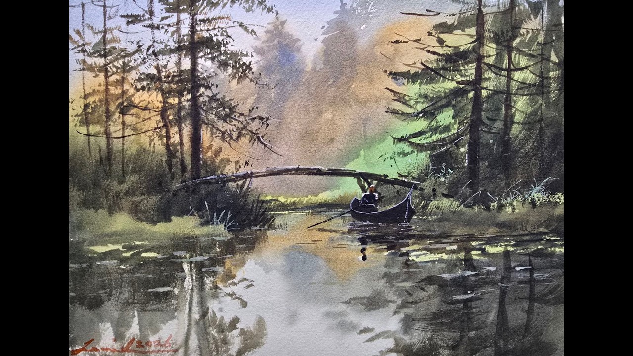 How to Paint a Misty Forest River with a Canoe | Watercolor Tutorial