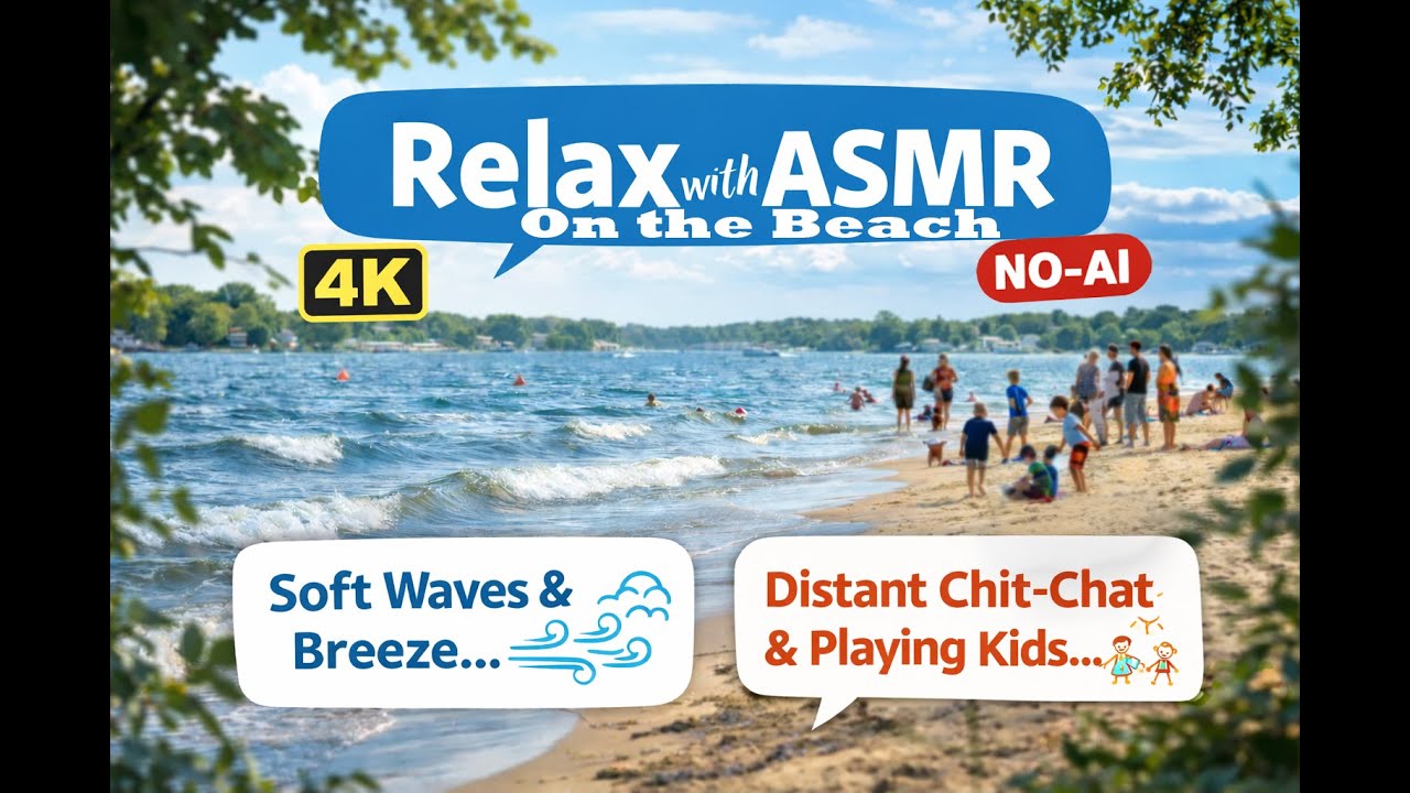 Soft Waves🌊 & Breeze 💨 | Distant Chit-Chat & Playing Kids | Relaxing Beach ASMR (4K, NO-AI)