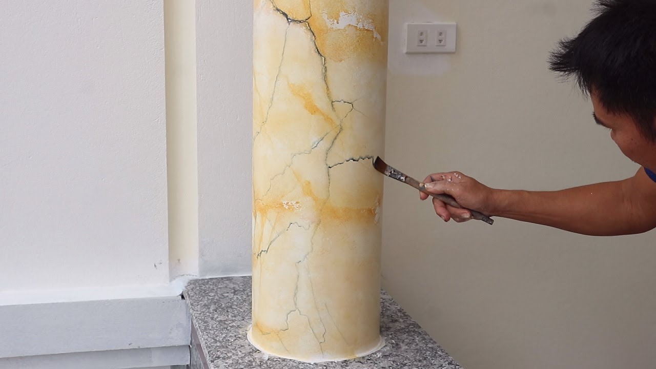 Techniques Fake Stone Paint On The Round Column | Craft Fast and Skillful