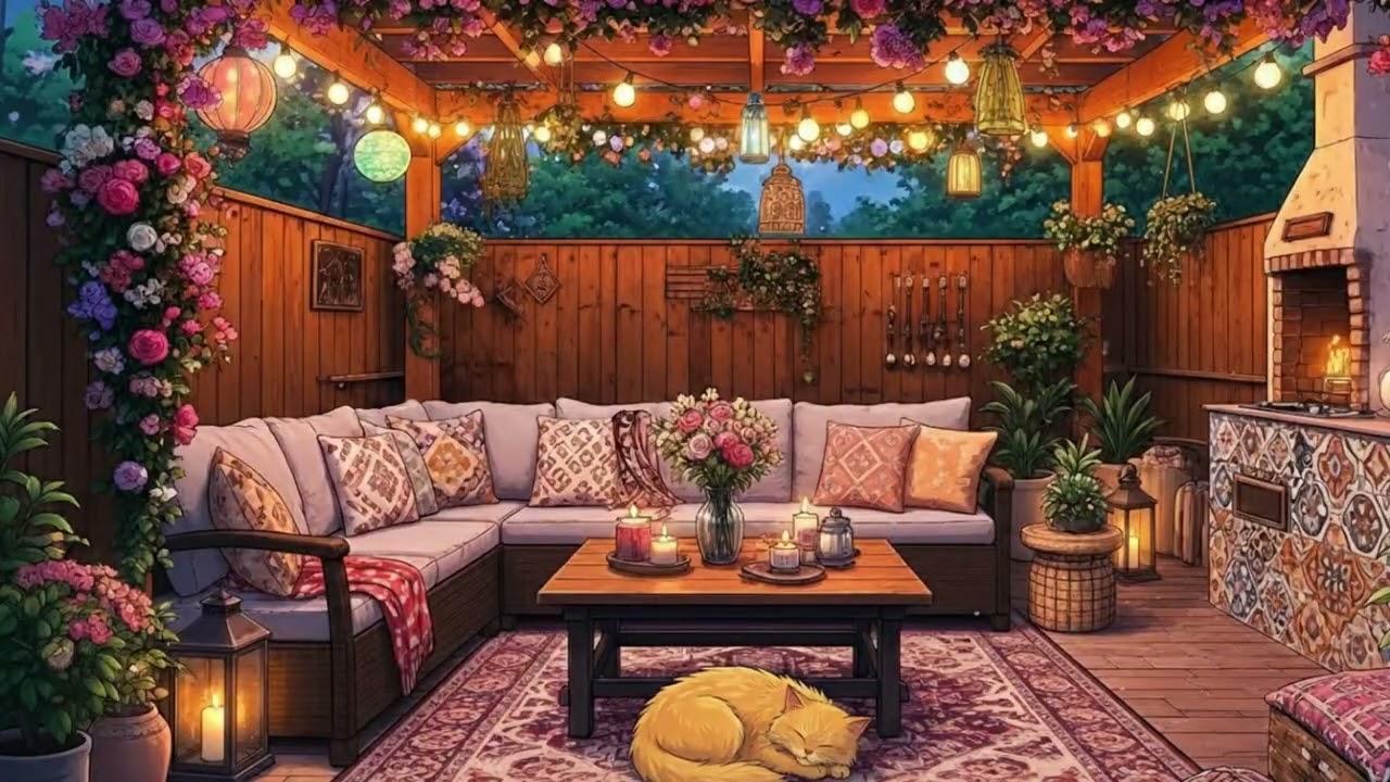 Cozy Garden with Cats & Fireplace | Relaxing LoFi Beats & Warm Ambience