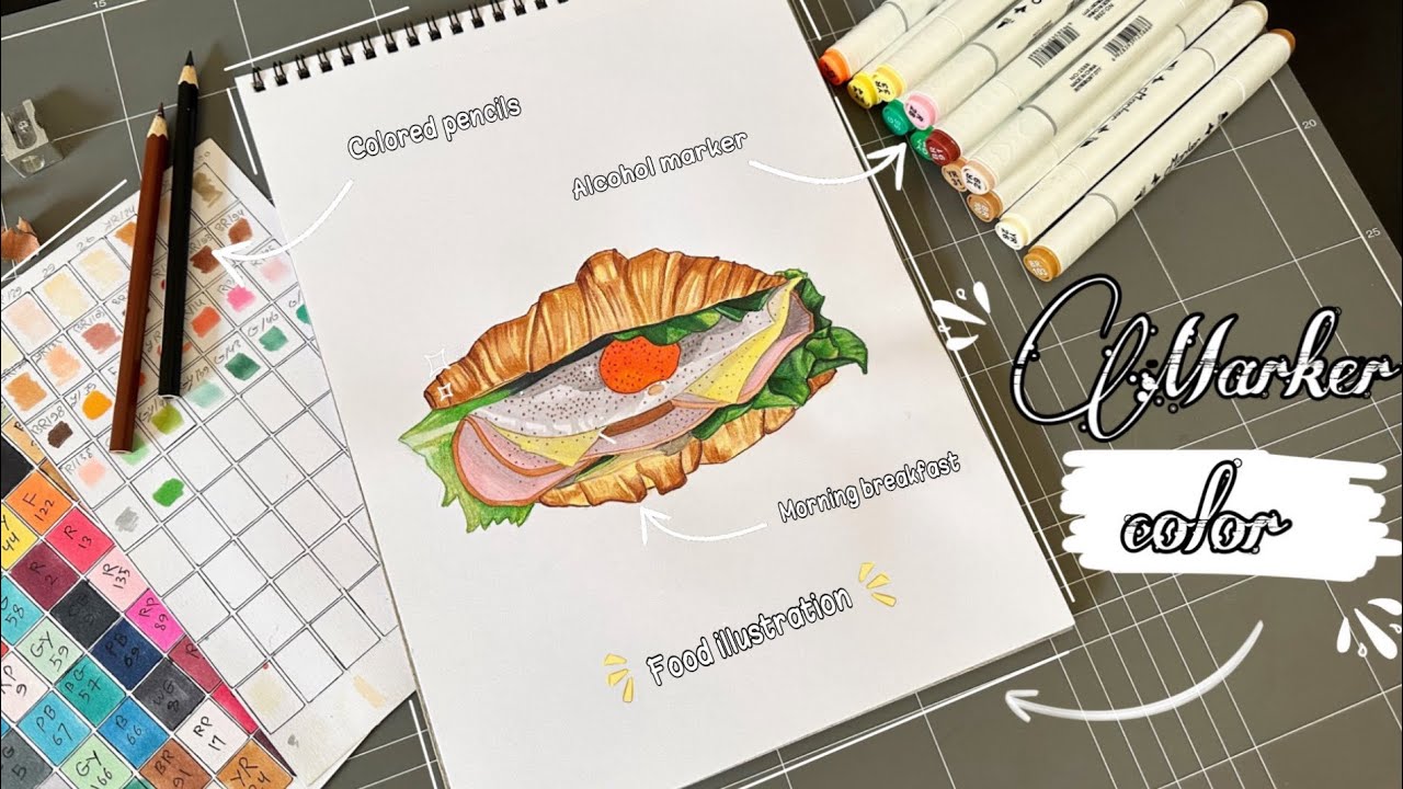 كيف ألون الأكل بألوان الماركر🤔 /نصائح للتلوين بالماركر✨ /food illustration 🥐🥚