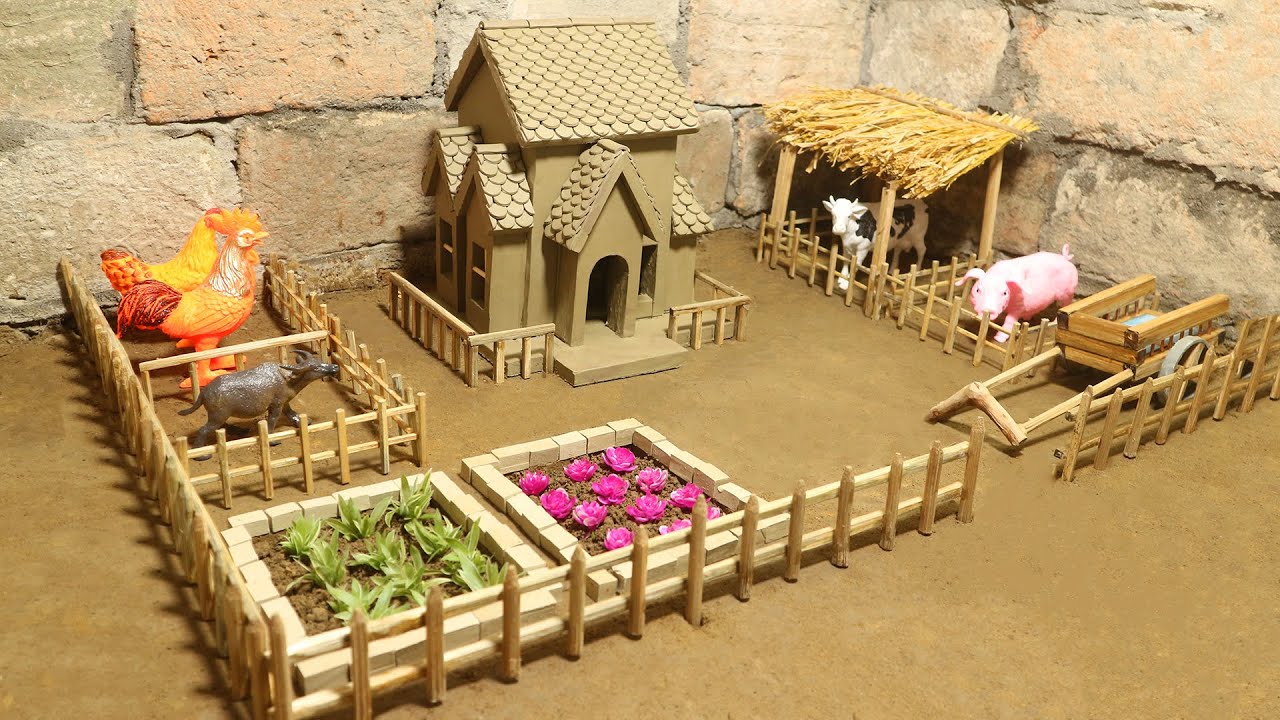 How to Build Miniature Clay House with Animal House, Oxcart, Vegetable Garden and Bamboo Fence