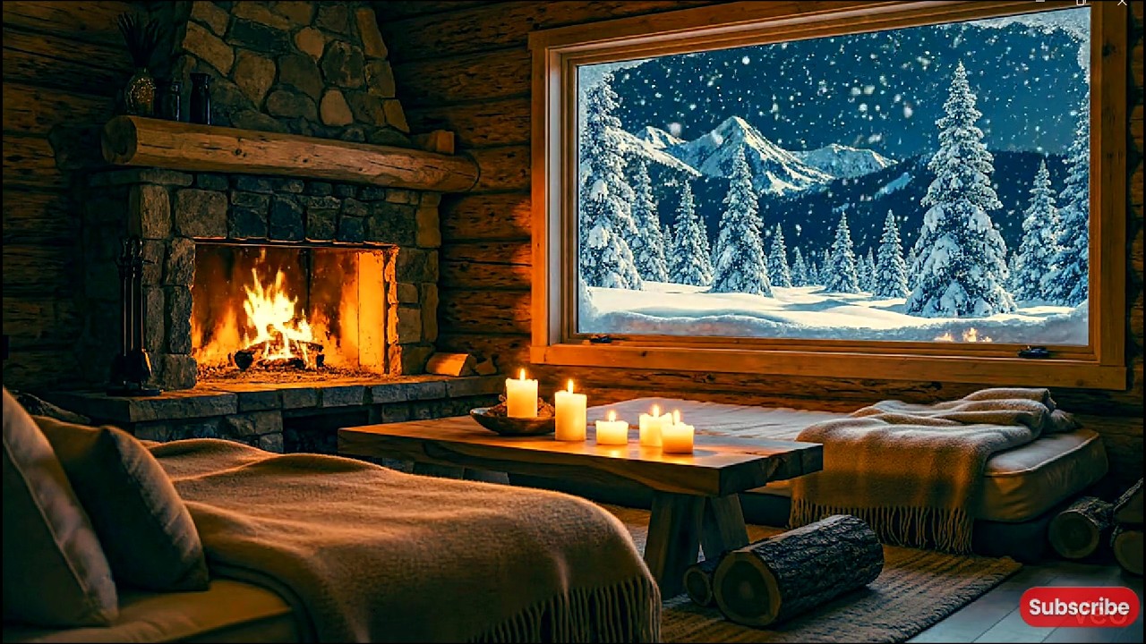 Cozy Cabin Winter Night Ambience - ASMR Fireplace & Snowstorm Sounds For Sleeping, Relaxing