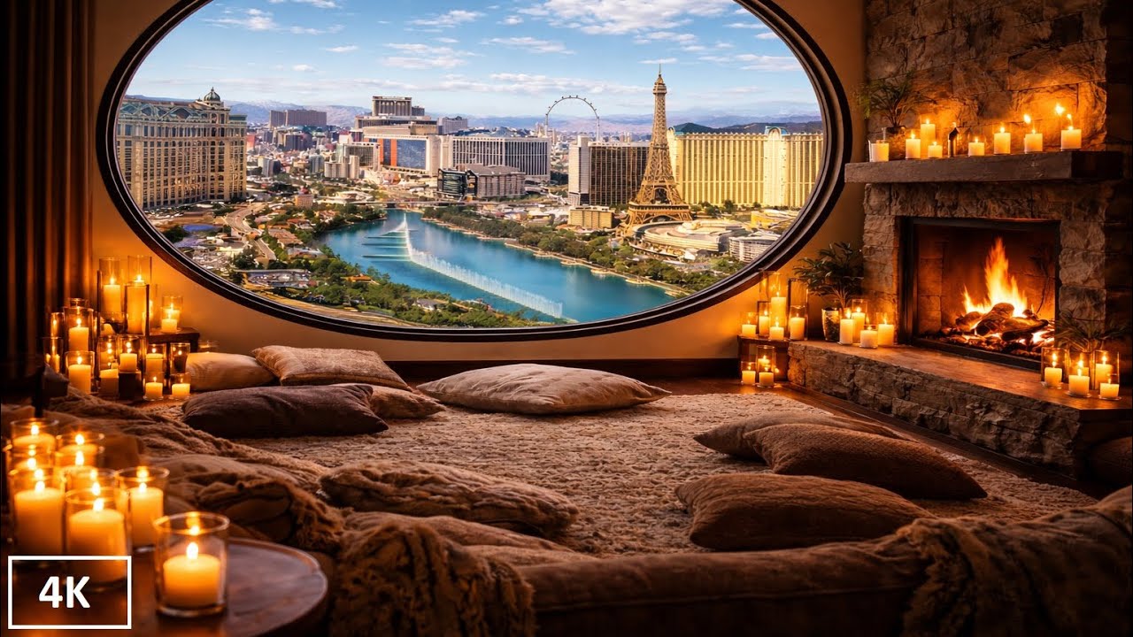 Cozy Luxury Las Vegas Ambiance 🌃 Jazz & Fireplace Crackle | 4K City Relax