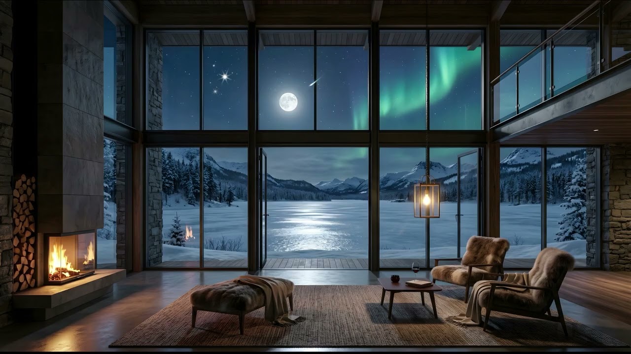 8 Hours  Winter Mountain Ridge Sleep – Warm Lantern Cabin and Moonlit Snowy Peaks