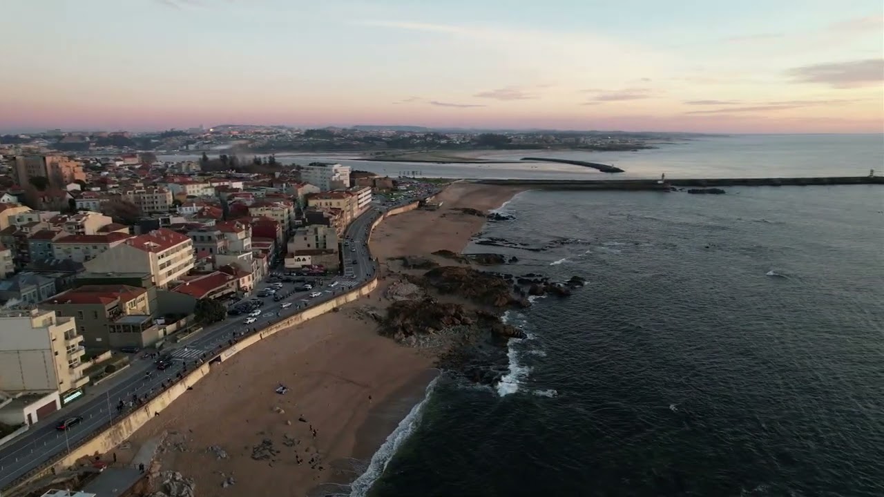 Foz do Douro; Porto, Portugal -Jan6.2024-Sunset Drone Video