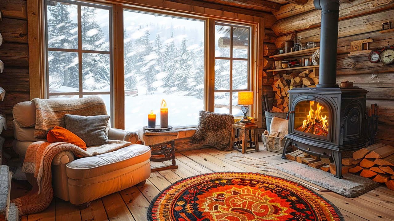 Snowstorm Outside, Cozy Cabin Inside | Fireplace Sounds for Sleep and Stress Relief