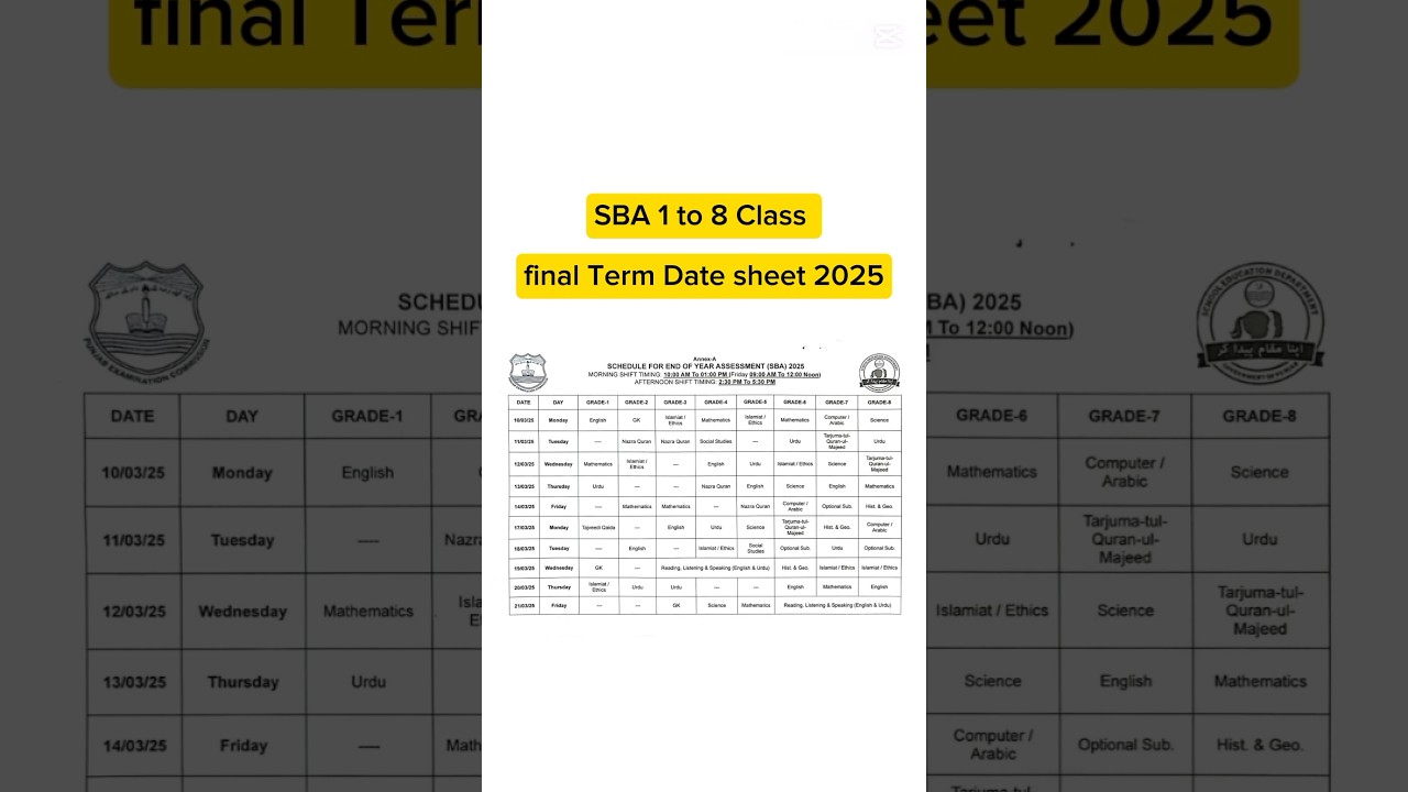 Sba Final term date sheet 2025 | School based assessment date sheet final term class 1 to 8