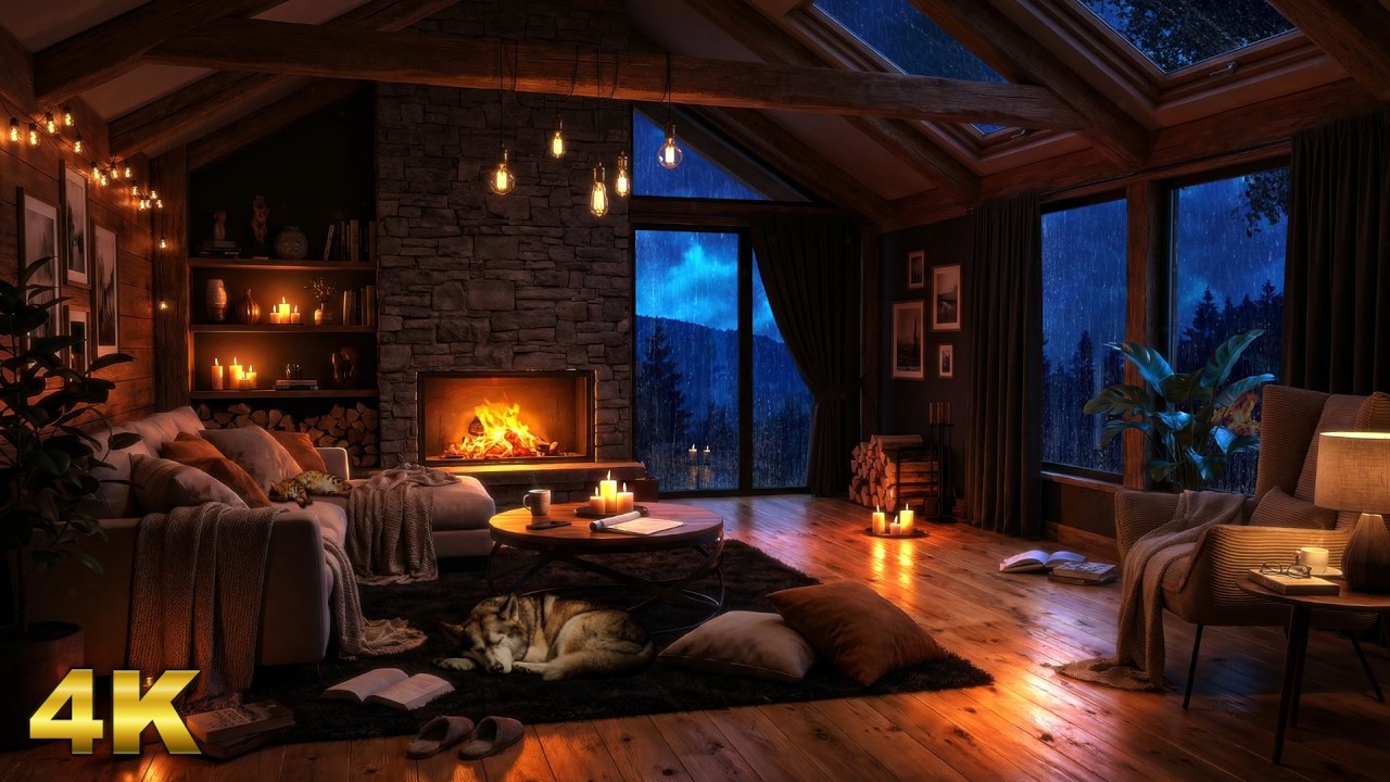Rainy Night in the Mountains: Warm Fireplace Sounds & Peaceful Living Room