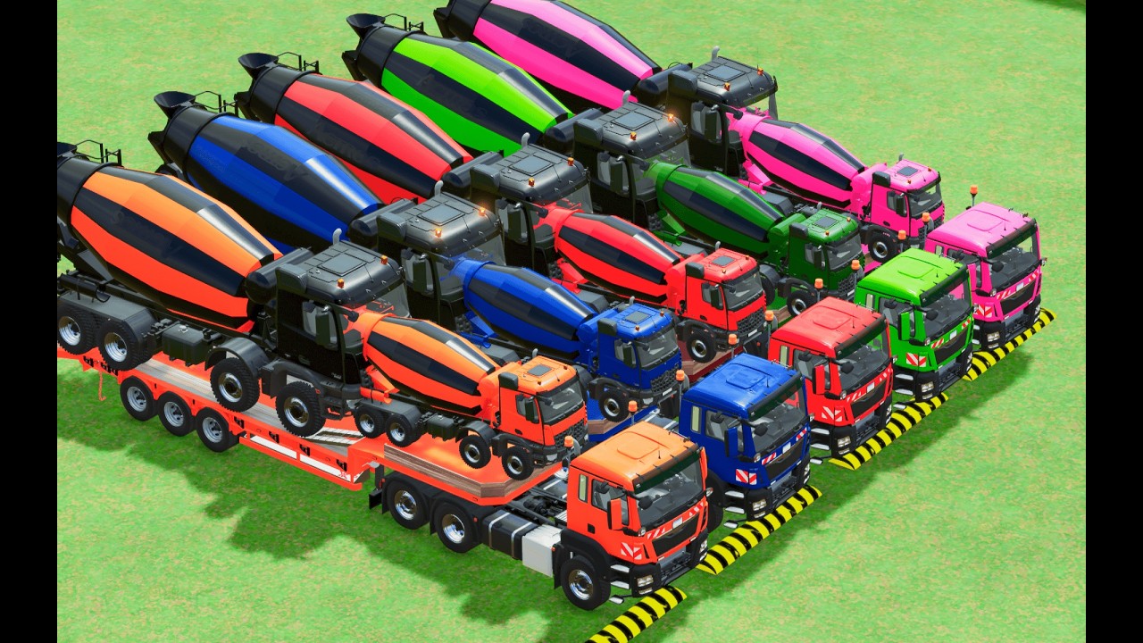 Garage with Colors   ALL MIXER TRUCK WITH DOUBLE FLATBED TRAILER TRUCK, MAN, SCANIA, LIZARD FS22