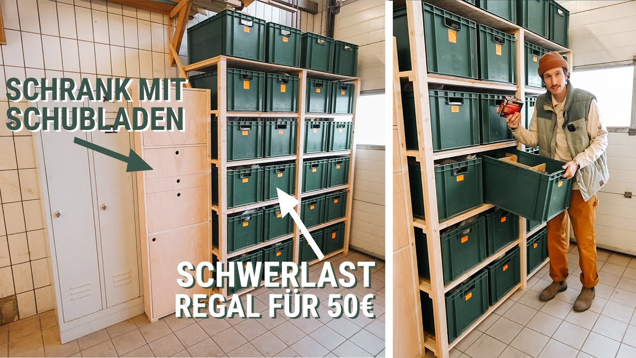 G&uuml;nstiges Schwerlastregal aus Dachlatten & Schrank mit Schubladen f&uuml;r die Werkstatt bauen