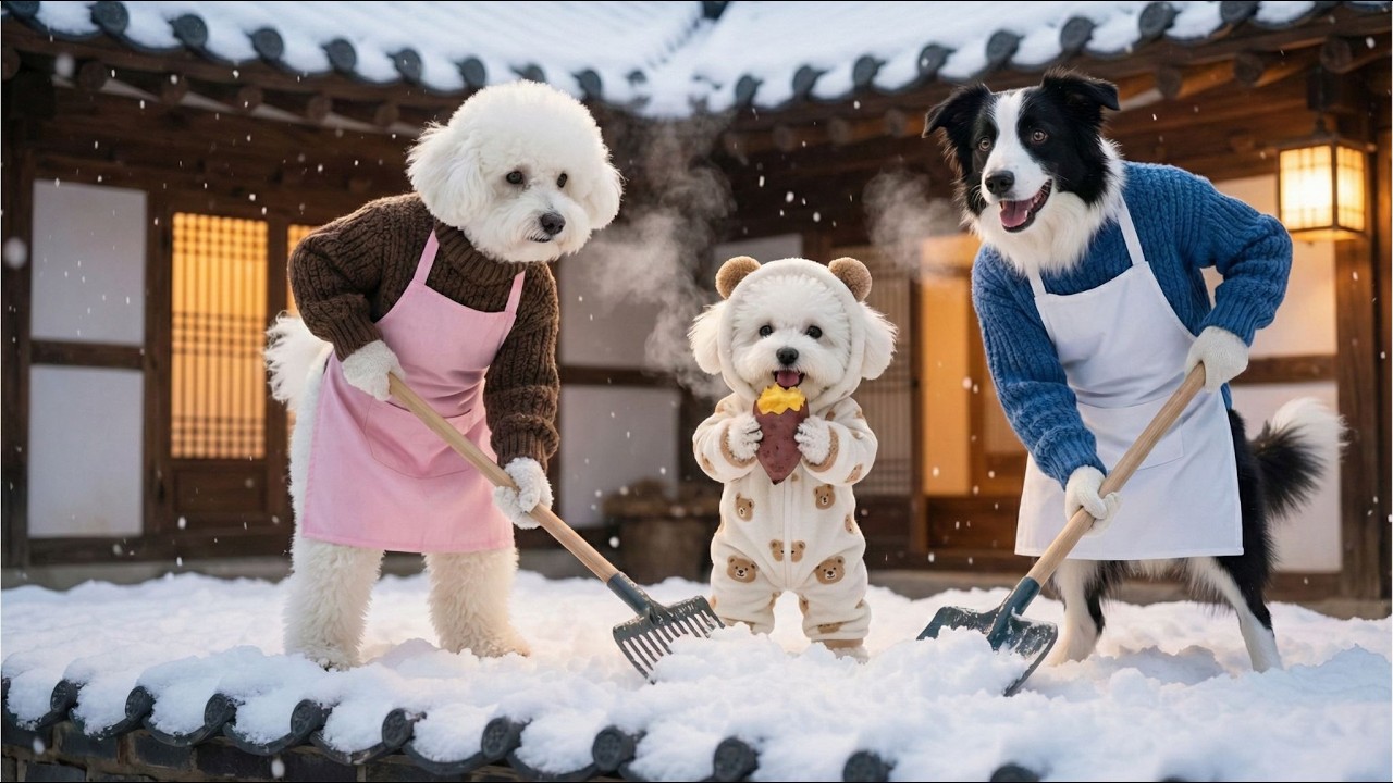 Hot reward!🍠🔥Baby puppy and Mom Dog helped neighbor shovel snow.❄️