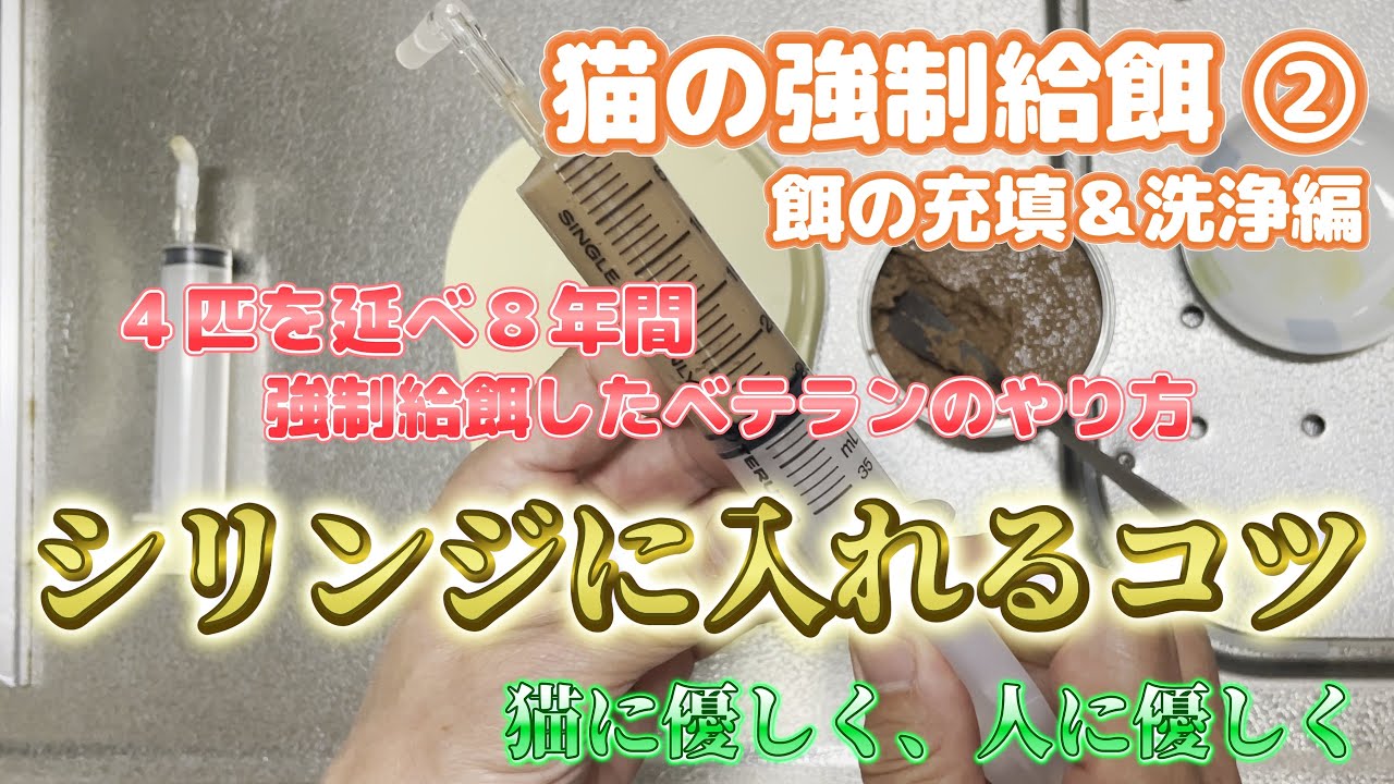 猫の強制給餌② 「餌の充填＆洗浄編」シリンジへの餌の詰めかたと洗浄方法のご紹介。　別動画で「シリンジ改造編」、「給餌編」もお届けしています。