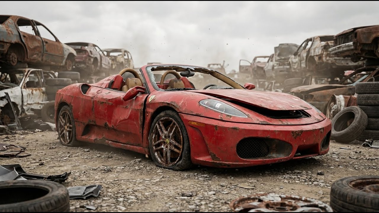 Abandoned 2005 Ferrari F430 Spider F1 restored in its original red color.