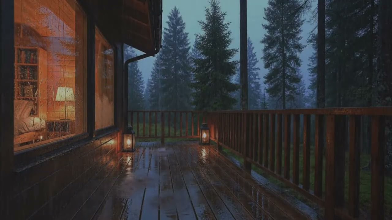 Natural rain at a forest cabin retreat, evening rain ambience promoting sleep balance over insomnia