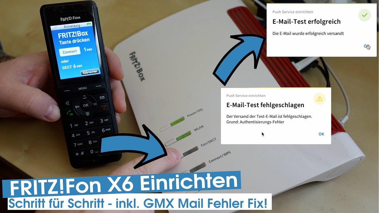 FritzFon X6 DECT-Telefon an FritzBox anmelden & einrichten + Anrufbeantworter & GMX-Mail Versand!