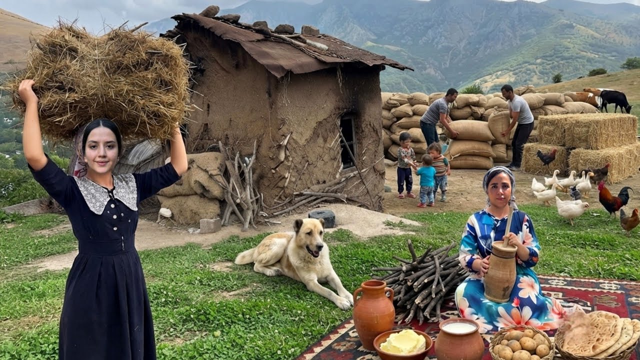 IRAN rural life; Baking bread and making butter 