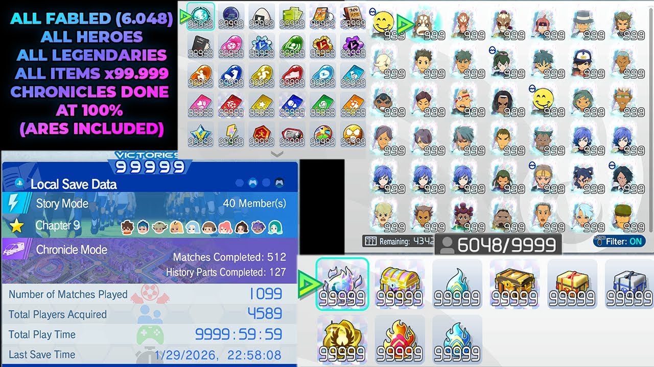 Inazuma Eleven Victory Road 100% Save | All Spirits in All Rarity Unlocked, All Items x99.999