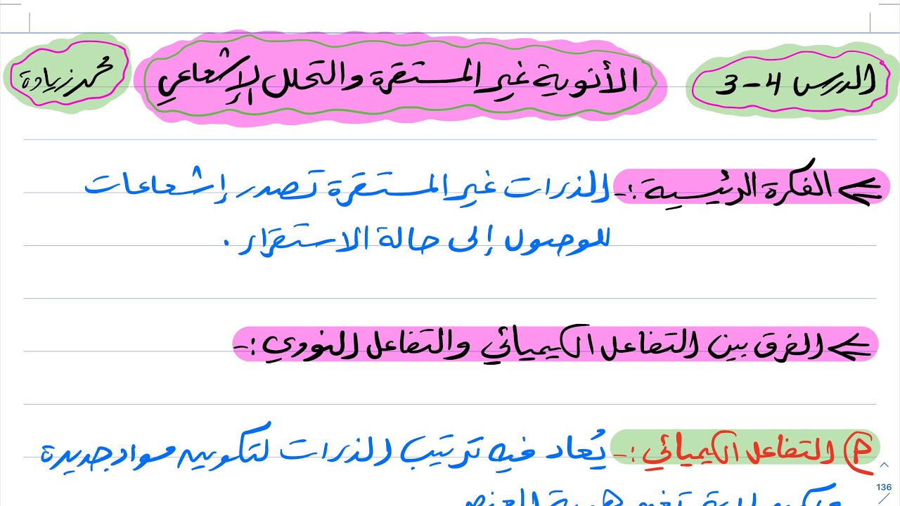 الأنوية غير المستقرة والتحلل الاشعاعي كيمياء اول ثانوي 1444