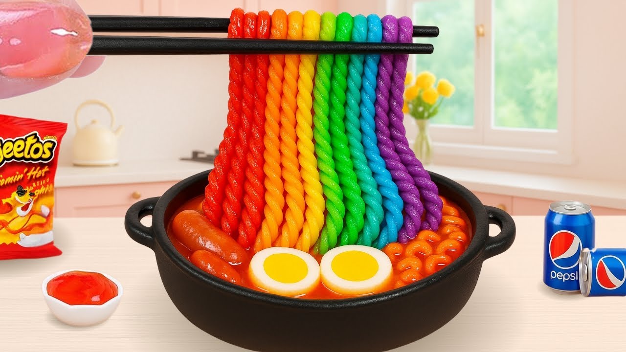 Best Heaven Food - Miniature Spicy Rainbow Ramen From M&M Rainbow Candy Sweet | Tiny Burger Cheese