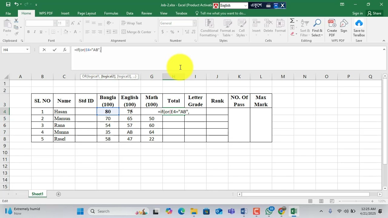 MS Excel Result Sheet as per specification in Computer Operation Level -3 under NSDA & BTEB