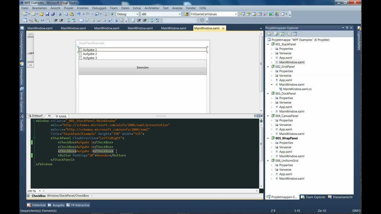 WPF Tutorial - Stackpanel, Grid, Canvas, WarpPanel, DockPanel und UniformGrid -- Visual C# .NET