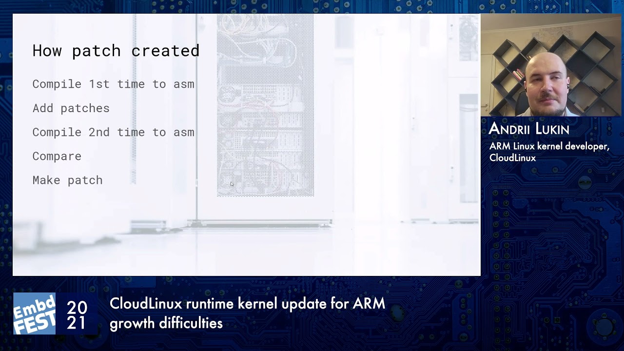 Embedded Fest 2021. Andrii Lukin. CloudLinux runtime kernel update for ARM growth difficulties