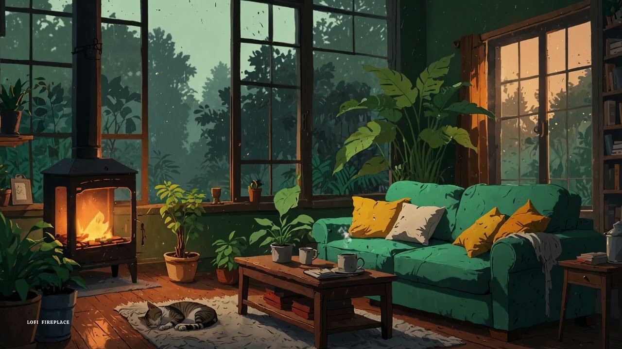 Rain Sounds & Fireplace Glow 🌧️🔥 Cozy Lofi Night with Sleepy Cat (Study / Relax / Focus)