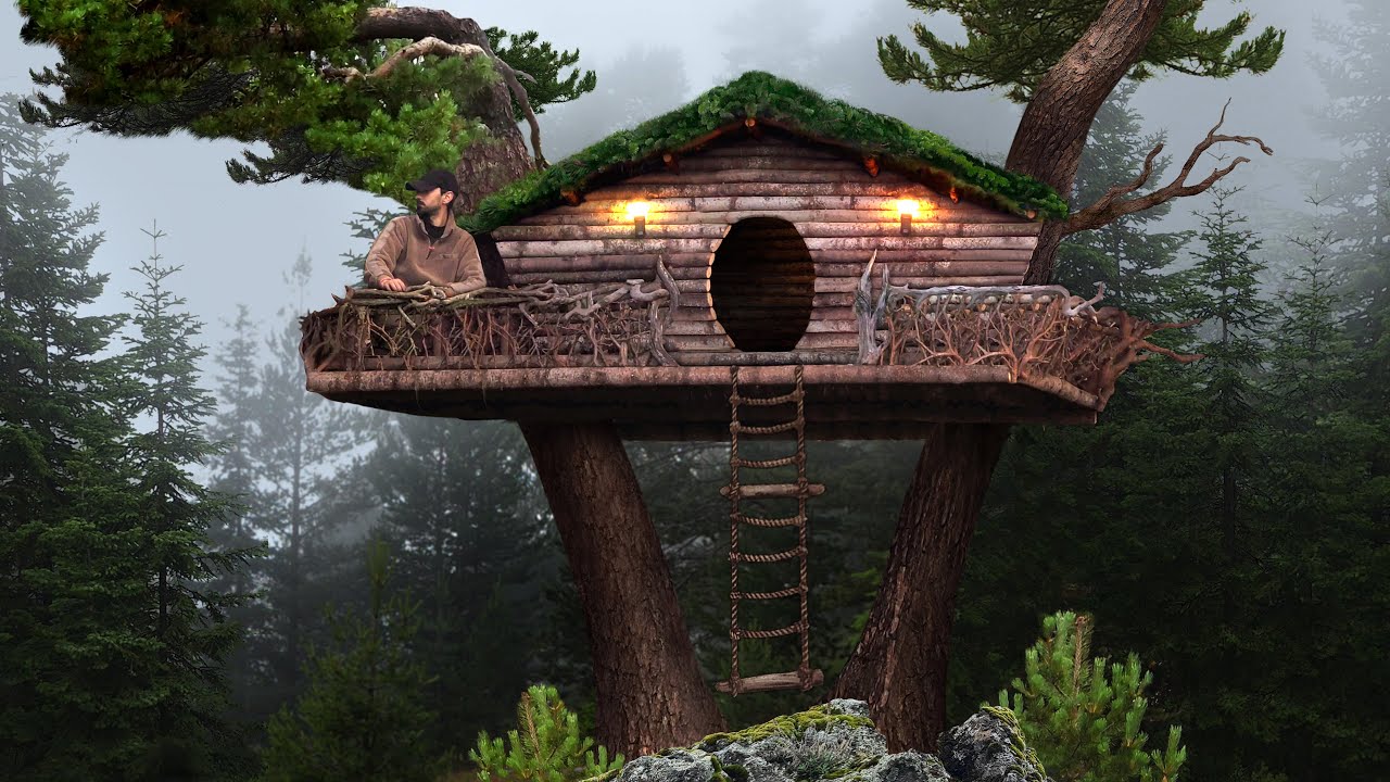 Строительство домика на дереве — одиночный кемпинг в дикой местности — Bushcraft Treehouse