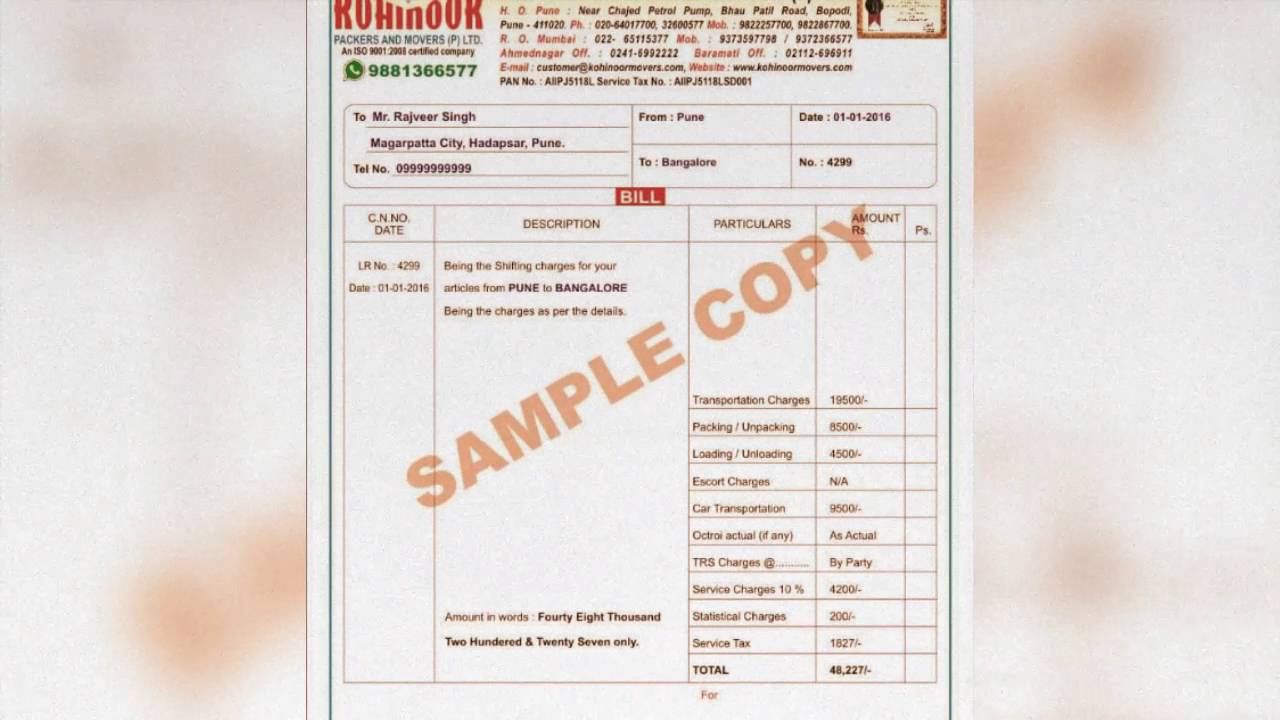 Packers And Movers Bill For Claim / Relocation Bill For Claim