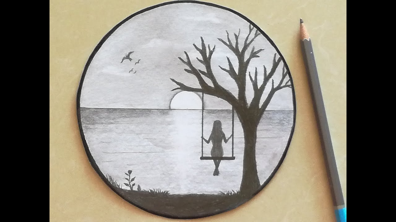 How To Draw An Easy Scenery|Shading For Beginners|Girl on A Swing|Art |Easy Sunset shading
