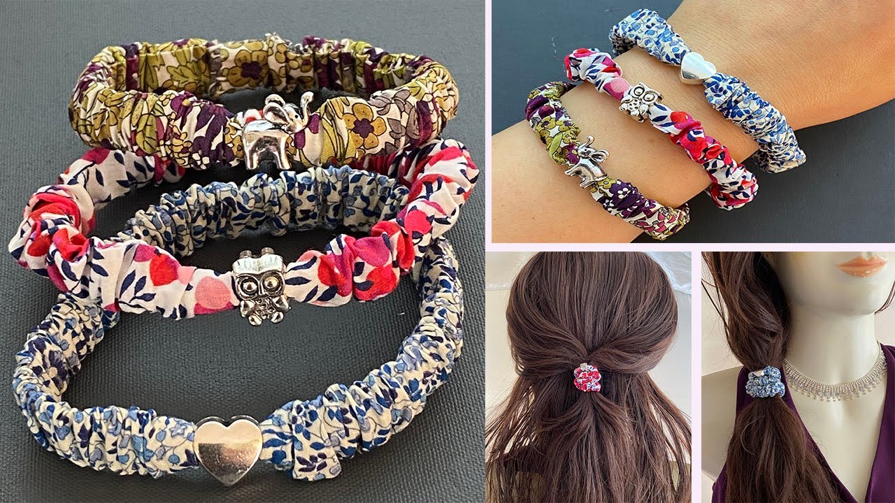 🌹 How to Make Fabric Scrunchie Charm Bracelet / Scrunchies Hair Ties | pulseira  / laço de cabelo